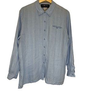 Sag Harbor 100% Linen Striped Button Up Shirt Women M Blue Long Sleeve Pocket